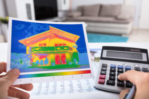Close-up Of A Person Detecting Heat Loss Of A House Using Calculator